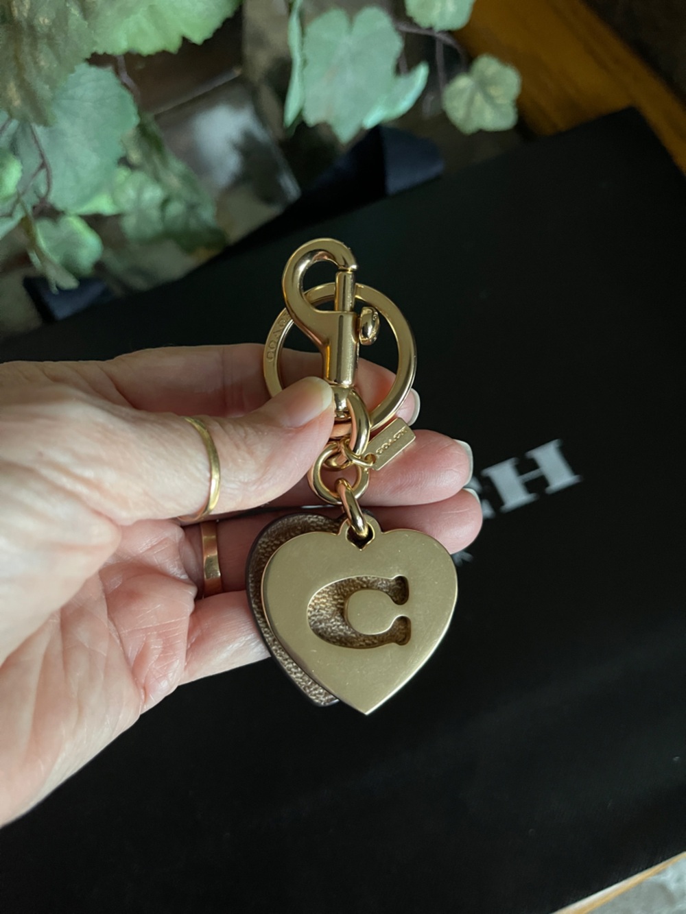 Coach Gold-Tone Heart Keychain with Brown Leather Charm